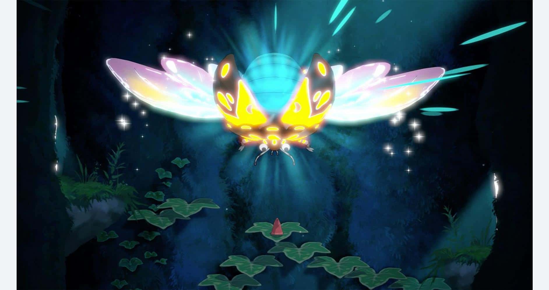 A lush, mystical forest scene featuring a glowing, fairy-like creature with luminous wings and vibra.