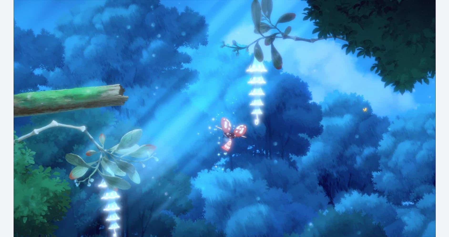A lush, vibrant forest scene with glowing platforms and butterflies, emphasizing adventure and fanta.
