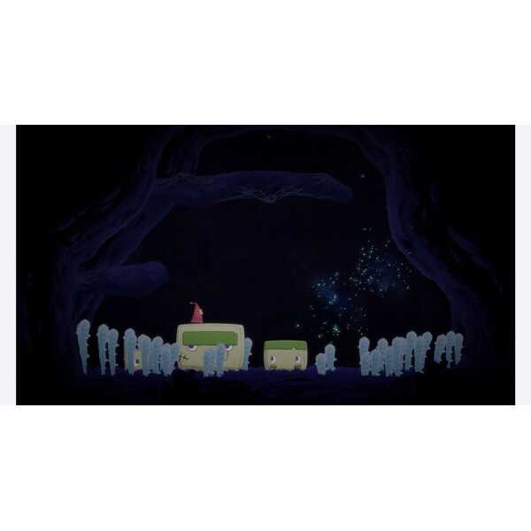 A colorful animated scene featuring a small pink character sitting on a green vehicle in a dark, sta.