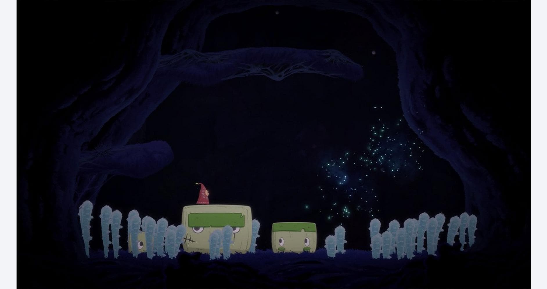A colorful animated scene featuring a small pink character sitting on a green vehicle in a dark, sta.