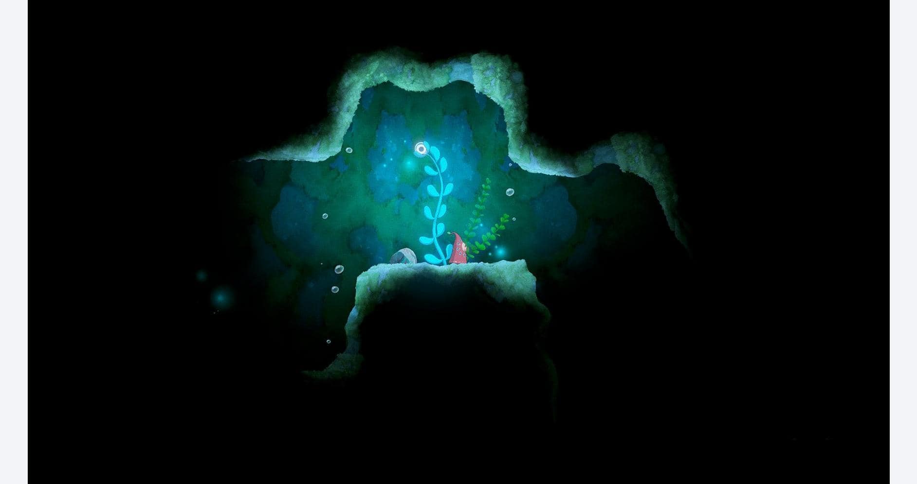 A lush, glowing plant growing in a dark, mysterious cave environment, emphasizing exploration and ad.