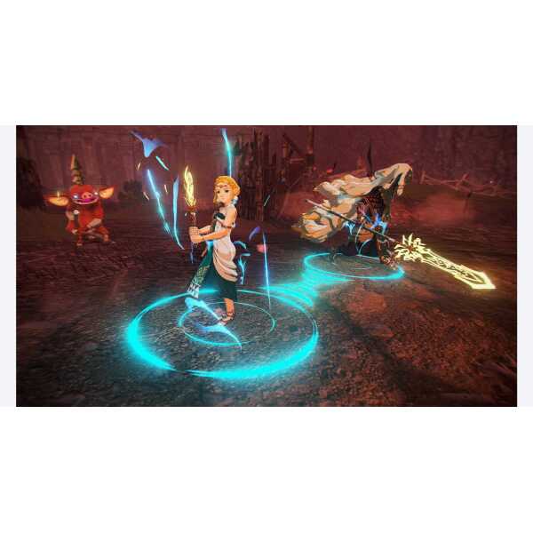 Action scene from Hyrule Warriors: Age of Imprisonment with characters battling in a dark landscape.