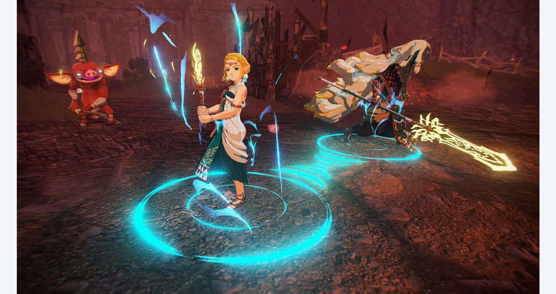 Action scene from Hyrule Warriors: Age of Imprisonment with characters battling in a dark landscape.