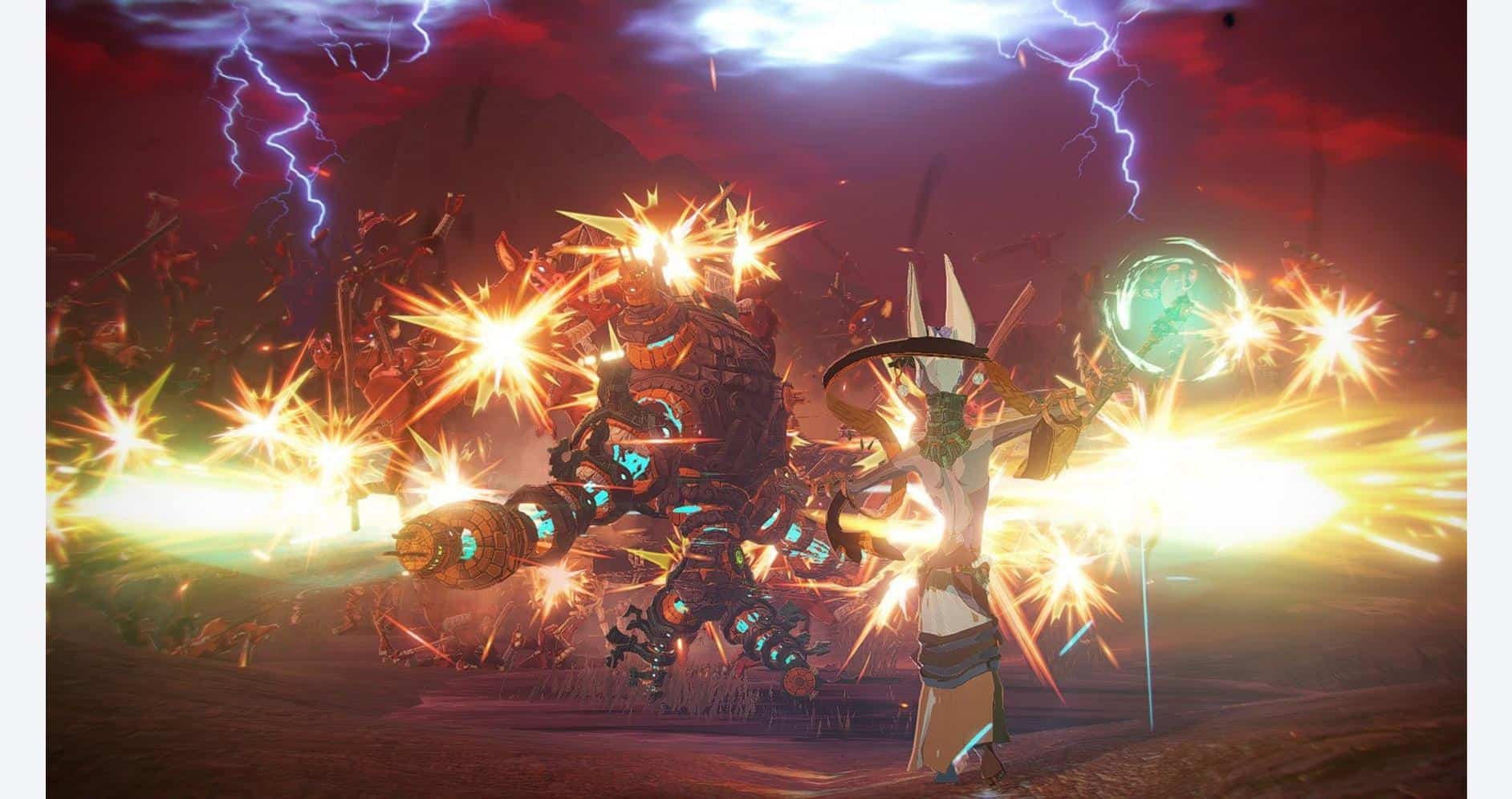 Epic battle scene from Hyrule Warriors: Age of Imprisonment featuring characters fighting a giant me.