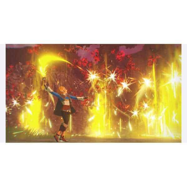 Epic battle scene with magical sparks and fiery effects in Hyrule Warriors game.