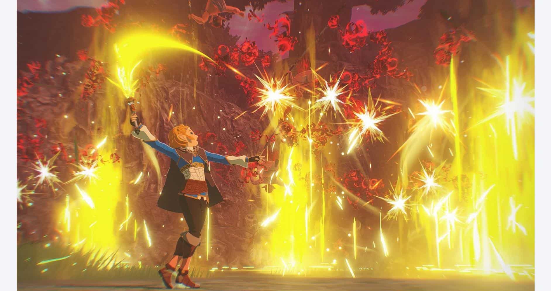 Epic battle scene with magical sparks and fiery effects in Hyrule Warriors game.