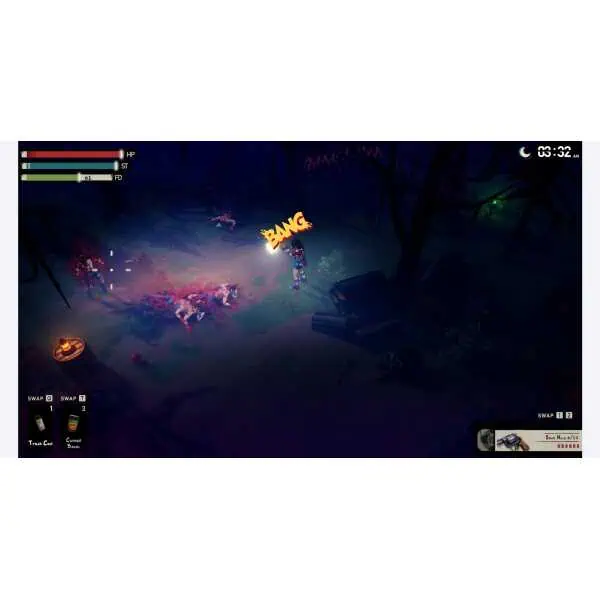 Night scene with zombies attacking in a dark forest setting, game interface visible.