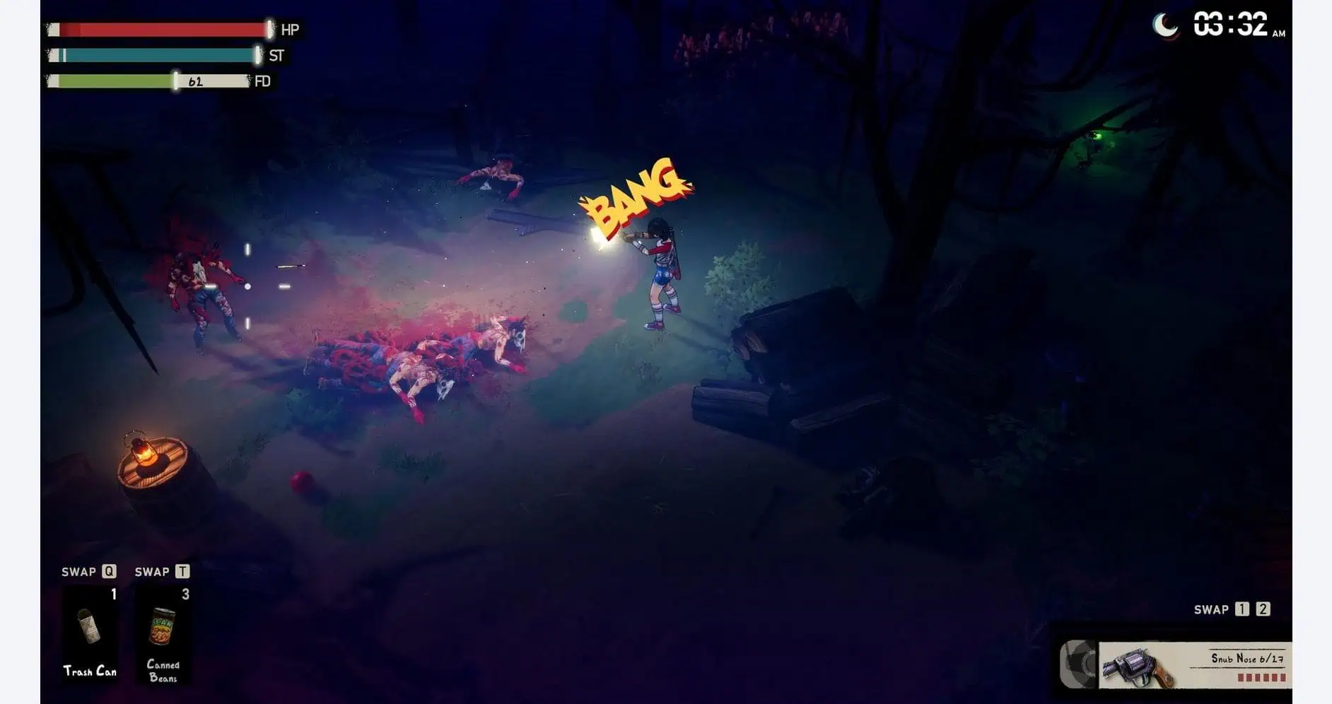 Night scene with zombies attacking in a dark forest setting, game interface visible.