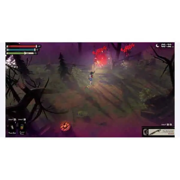 Player fighting off monsters in a dark, eerie forest scene from Gameware.