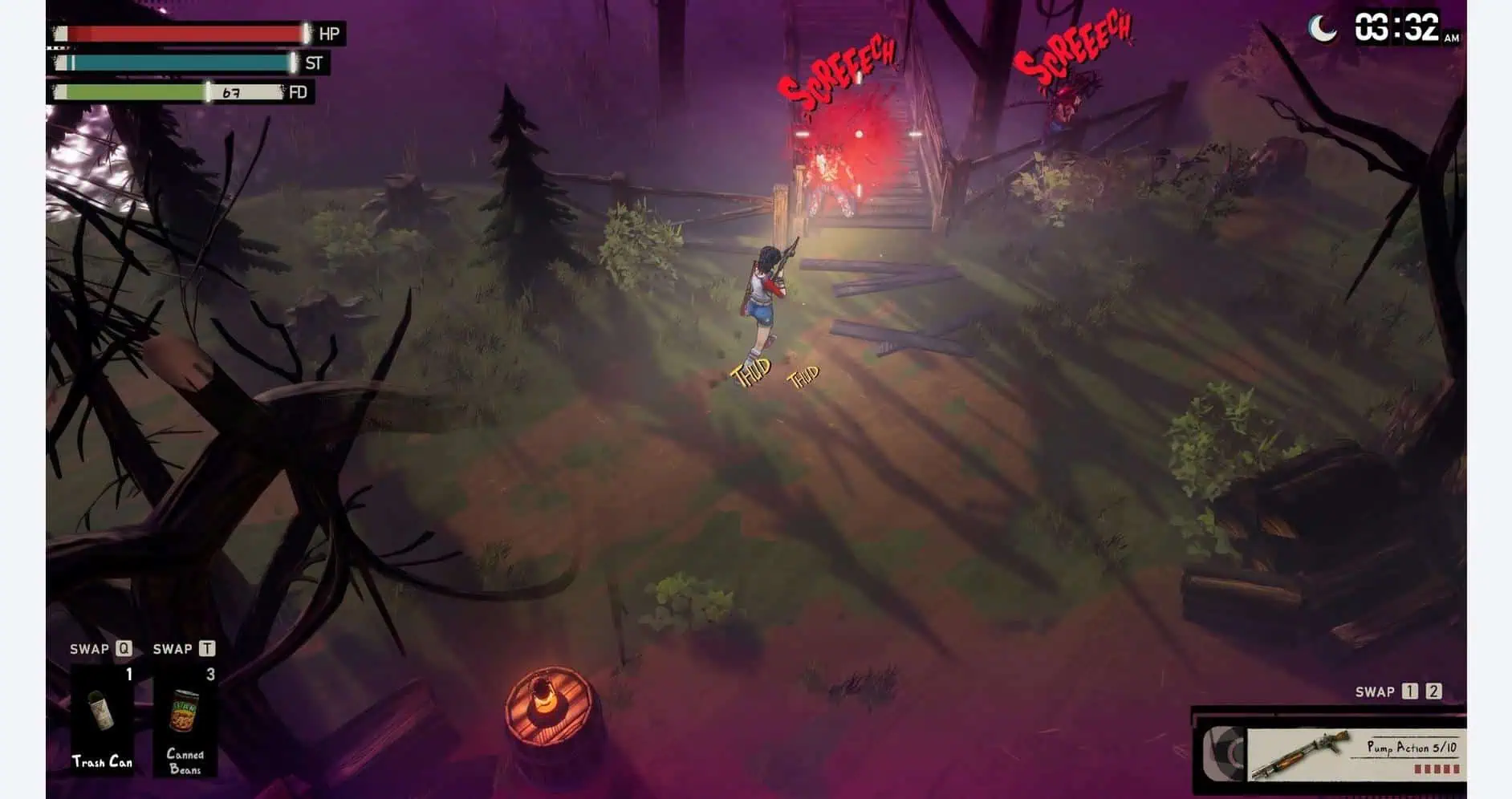 Player fighting off monsters in a dark, eerie forest scene from Gameware.