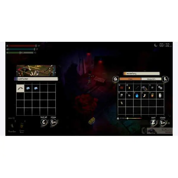 In-game screenshot showing inventory and survival elements in a dark, intense environment.