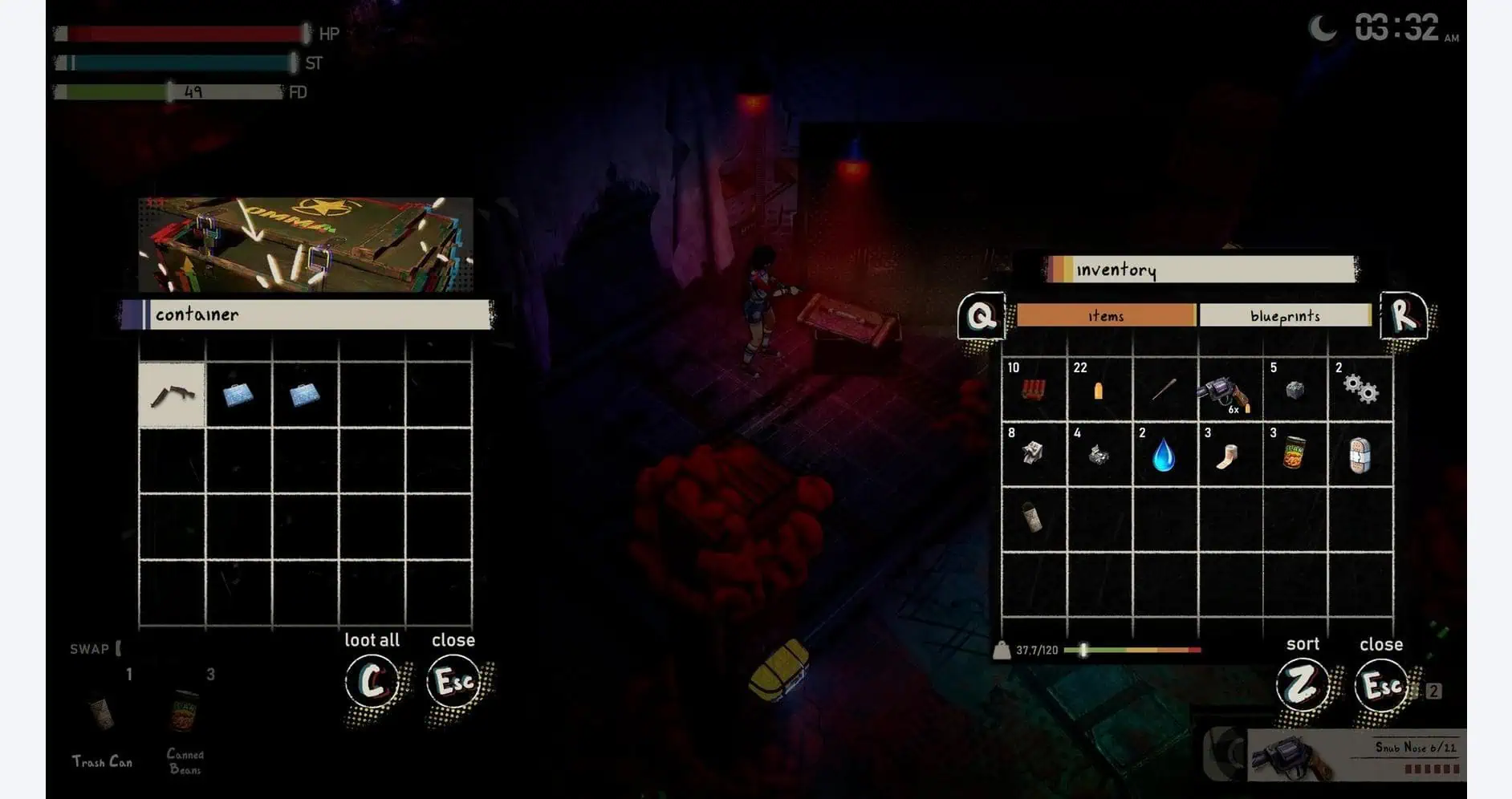 In-game screenshot showing inventory and survival elements in a dark, intense environment.