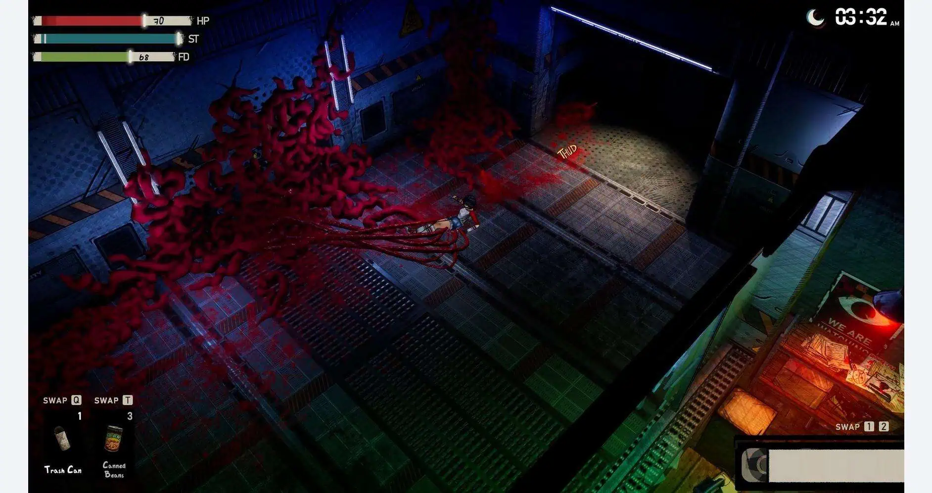 Alien creature attacking in a dark, industrial game environment.