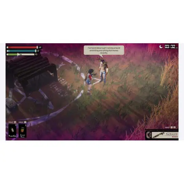 Two characters talking in a grassy outdoor setting in a survival game.