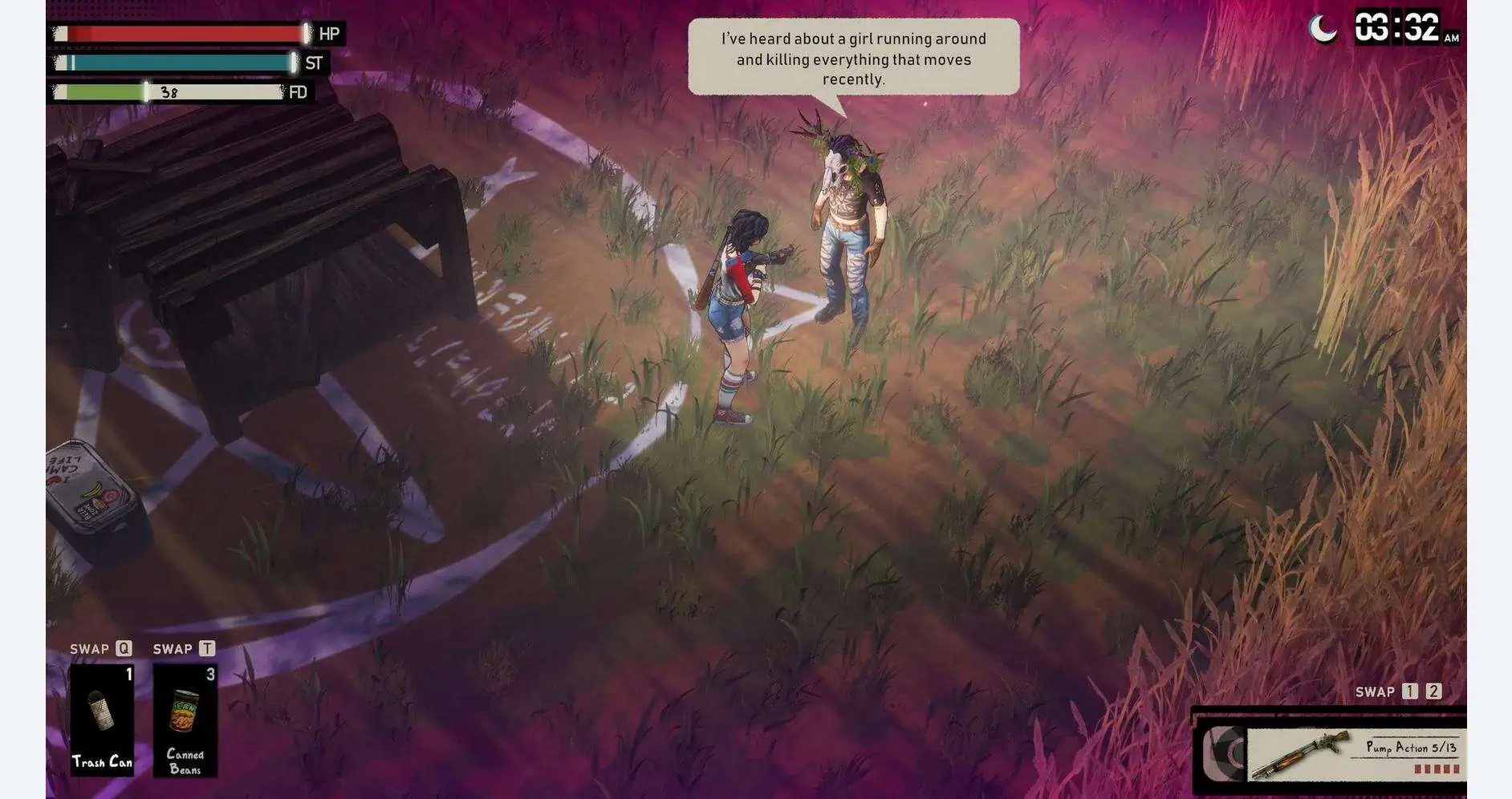 Two characters talking in a grassy outdoor setting in a survival game.