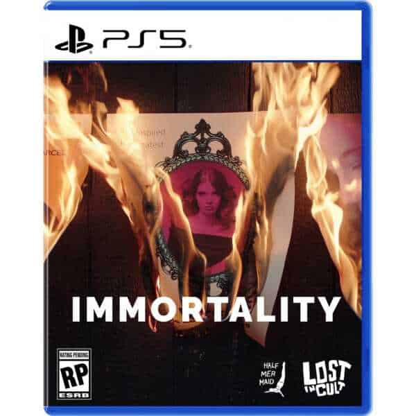 Immortality game cover with burning posters and mirror, for PS5.