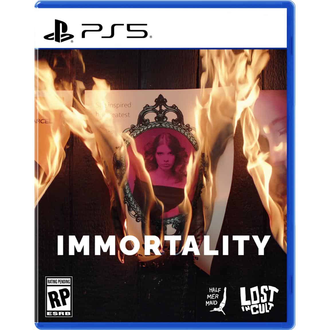 Immortality game cover with burning posters and mirror, for PS5.