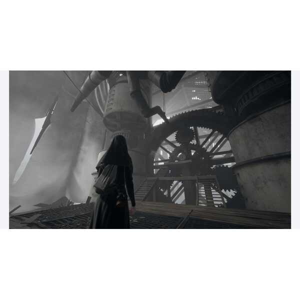 A woman in a dark cloak stands in a dystopian, industrial environment with large gears and machinery.