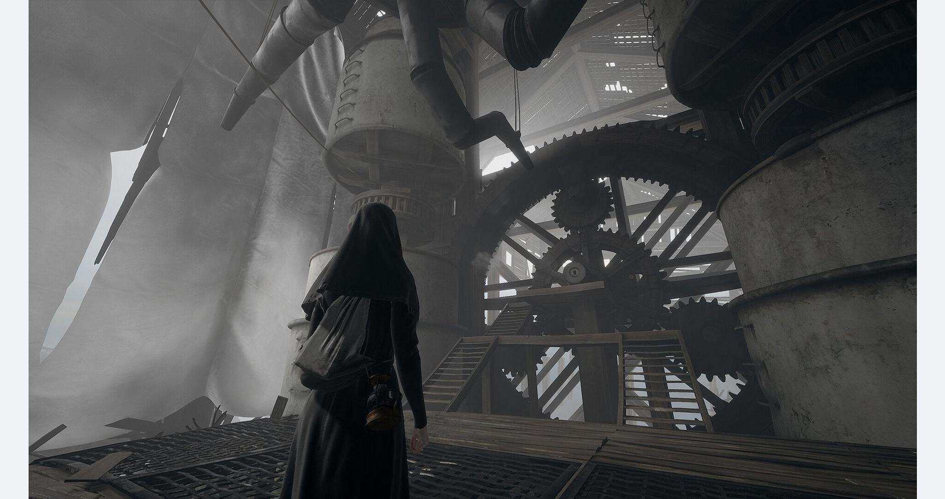 A woman in a dark cloak stands in a dystopian, industrial environment with large gears and machinery.