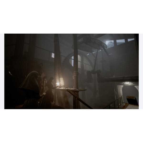 A woman and a child observing a large, industrial-style machine with steam and pipes in a dimly lit.