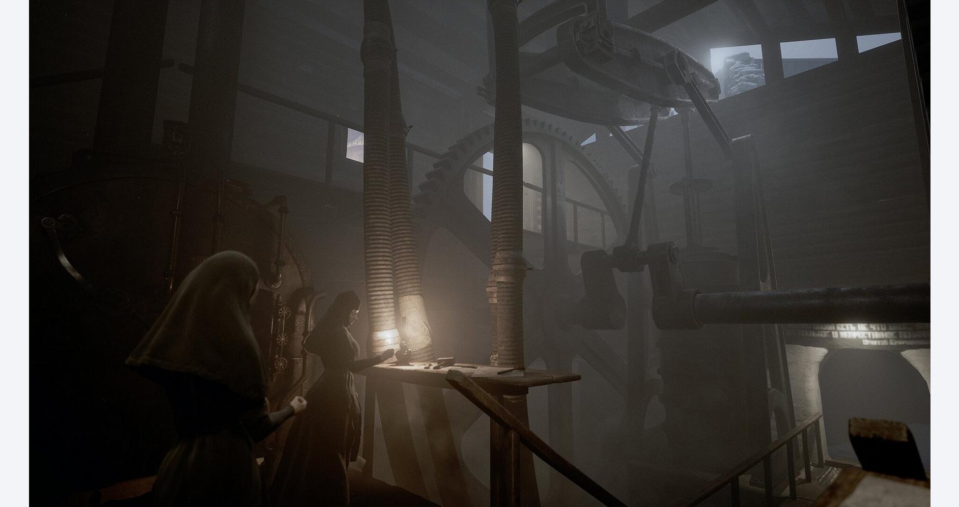 A woman and a child observing a large, industrial-style machine with steam and pipes in a dimly lit.