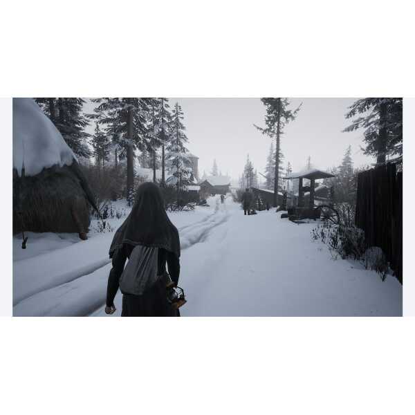 A person walking through a snowy village landscape with trees and wooden structures.