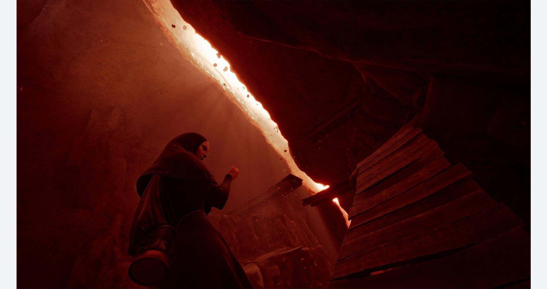 A person exploring a narrow, illuminated canyon with layered rock formations.