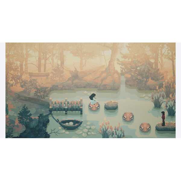 A pixel art scene of a serene pond with stepping stones, a small boat, and a person standing on a ro.