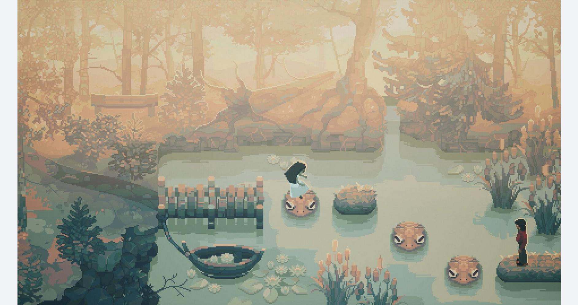 A pixel art scene of a serene pond with stepping stones, a small boat, and a person standing on a ro.