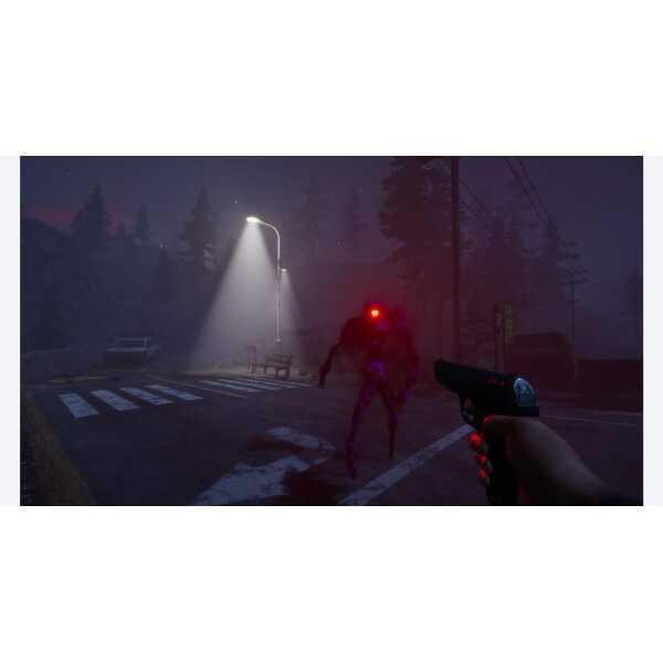 A nighttime scene featuring a person holding a gun and a mysterious creature illuminated by a street.