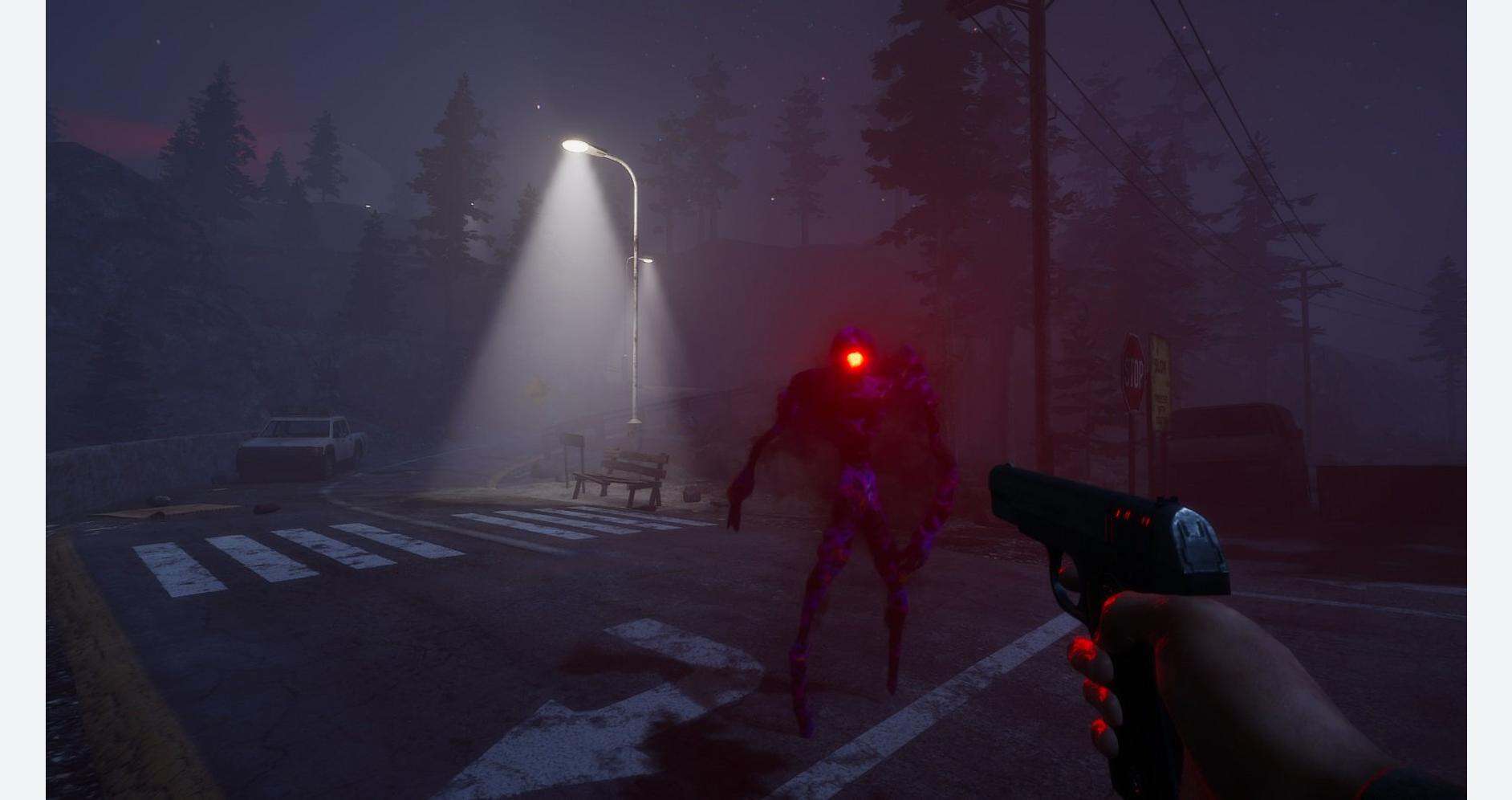 A nighttime scene featuring a person holding a gun and a mysterious creature illuminated by a street.