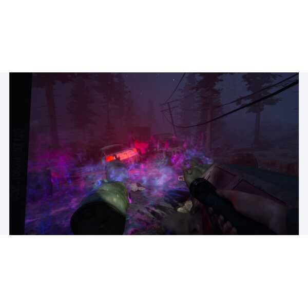 A laser weapon firing in a dark, foggy forest scene from a video game.