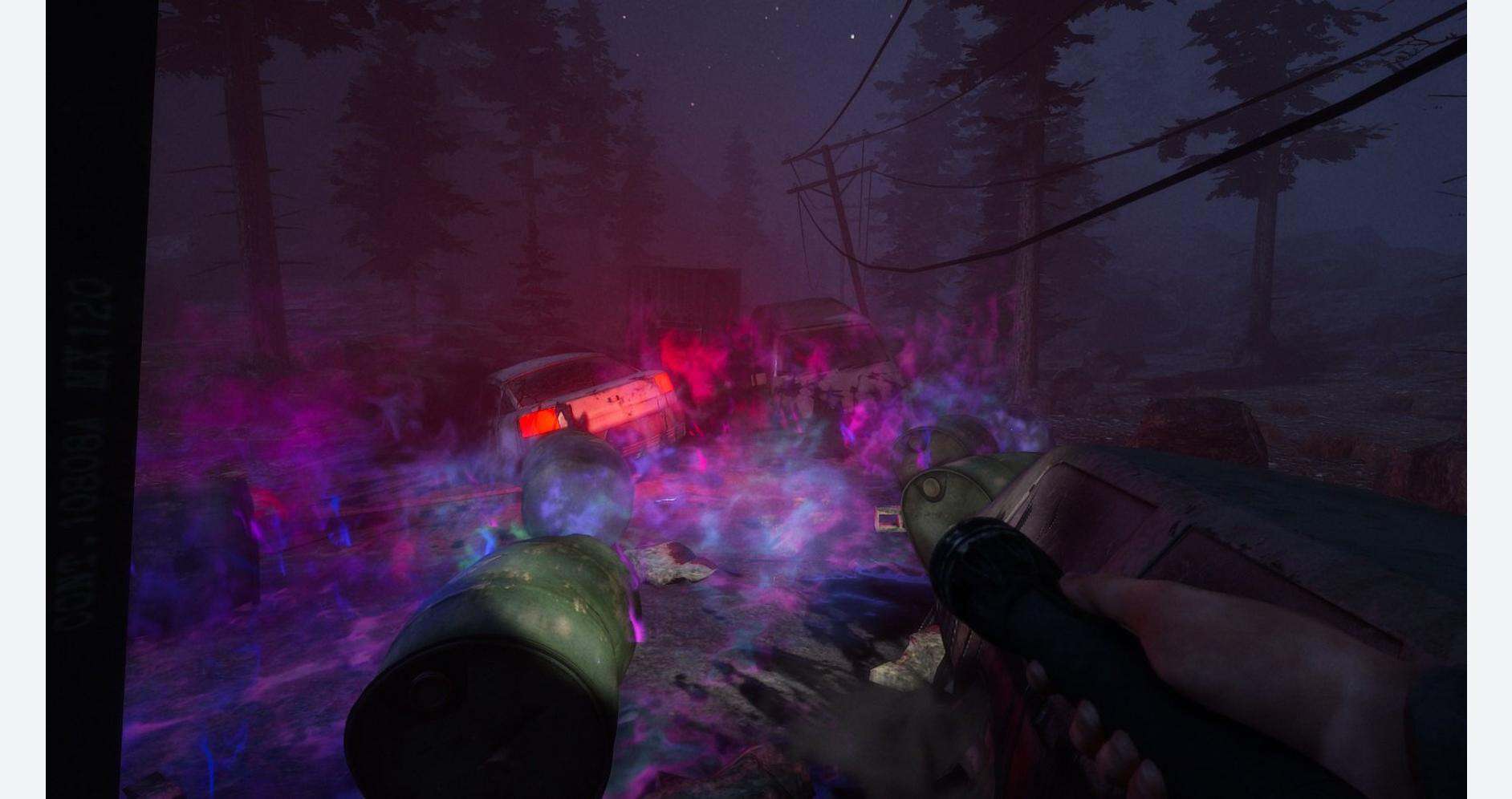 A laser weapon firing in a dark, foggy forest scene from a video game.