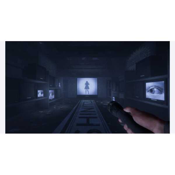 AUDIO-VISUAL INSTALLATION WITH MULTIPLE SCREENS SHOWING EYES AND A SILHOUETTE FIGURE IN A DARK ROOM.