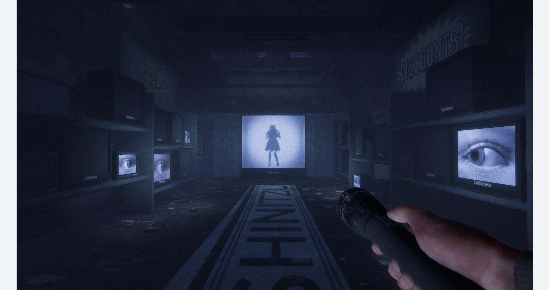 AUDIO-VISUAL INSTALLATION WITH MULTIPLE SCREENS SHOWING EYES AND A SILHOUETTE FIGURE IN A DARK ROOM.