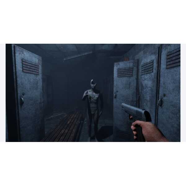 First-person view of a horror game scene with a menacing creature in a dark locker room.