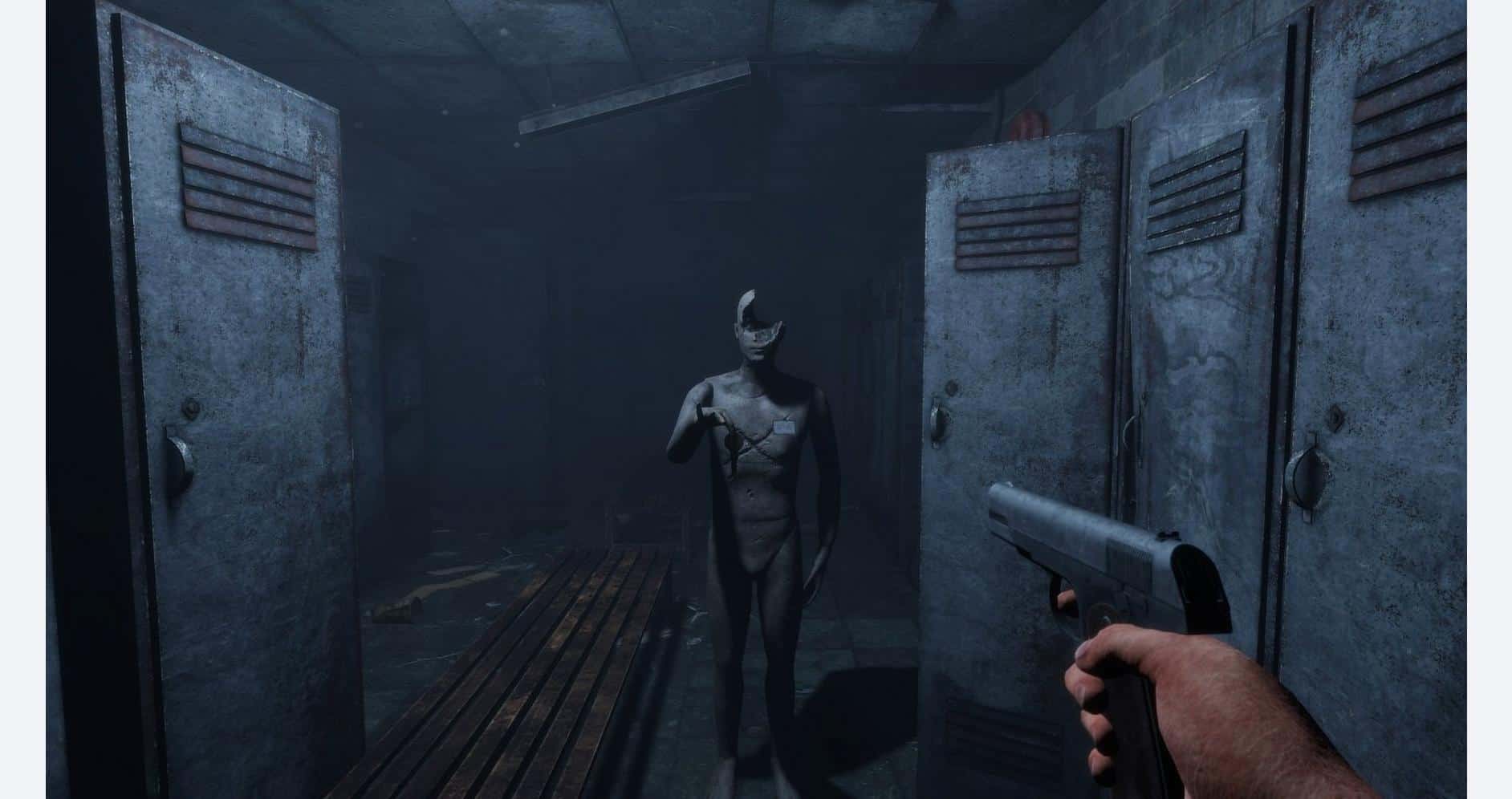 First-person view of a horror game scene with a menacing creature in a dark locker room.