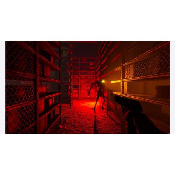 A dark, intense scene from a horror or survival video game featuring a menacing creature in a wareho.