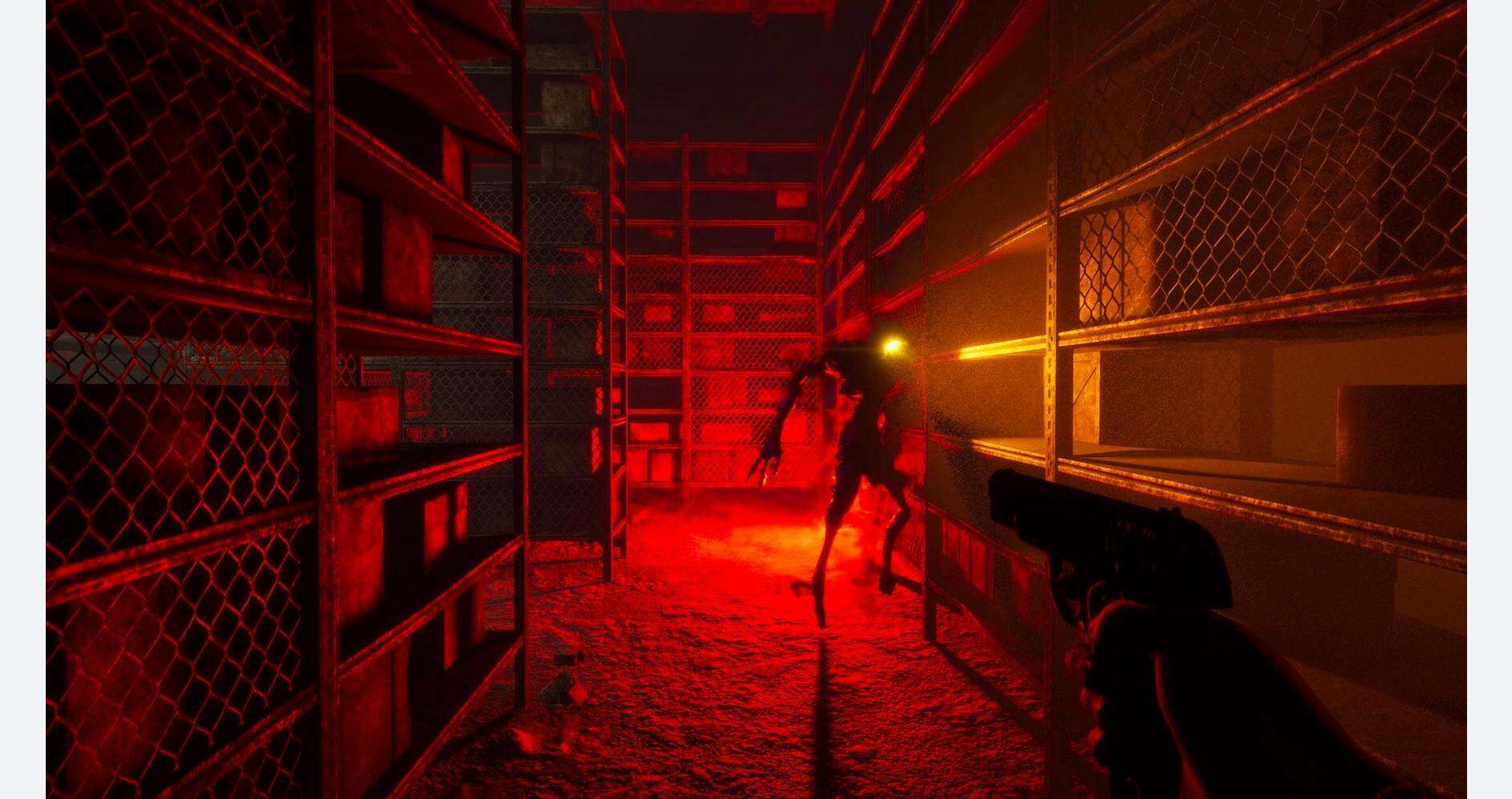 A dark, intense scene from a horror or survival video game featuring a menacing creature in a wareho.