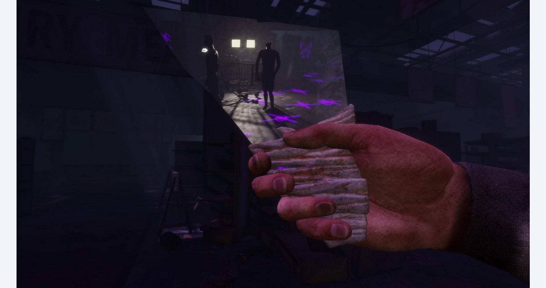A person holding a transparent tablet displaying a digital figure in a dark, futuristic environment.