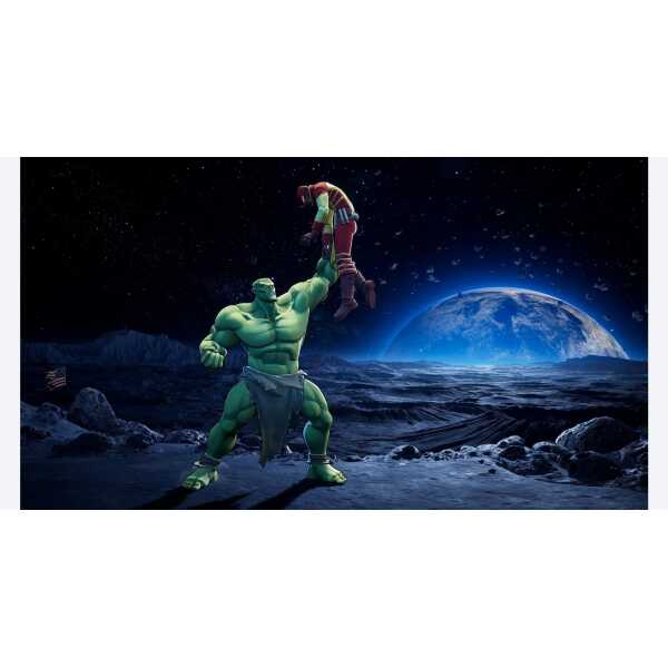 Hulk and Invincible clash in epic space battle scene.