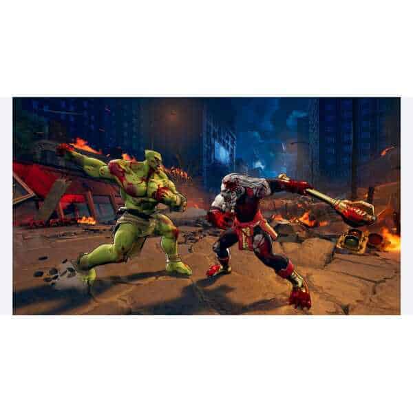 Invincible and a monster clash in a city destruction scene.