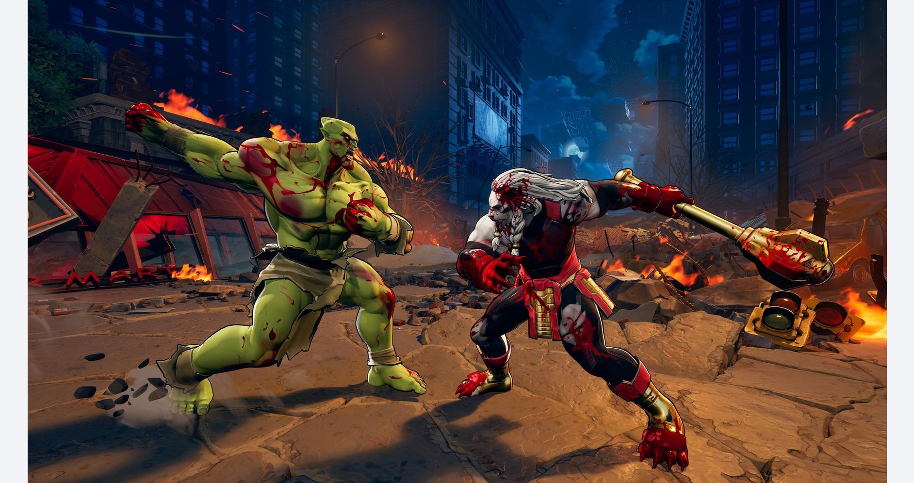 Invincible and a monster clash in a city destruction scene.