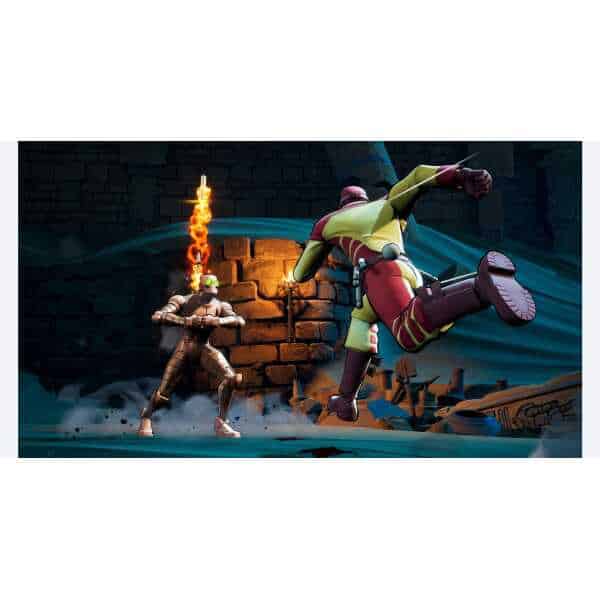 Two animated characters fighting in a dark, fantasy environment with fire and ruins.