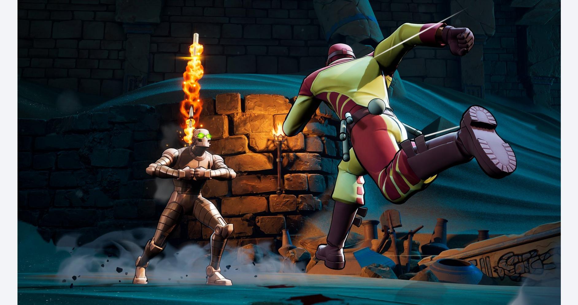 Two animated characters fighting in a dark, fantasy environment with fire and ruins.