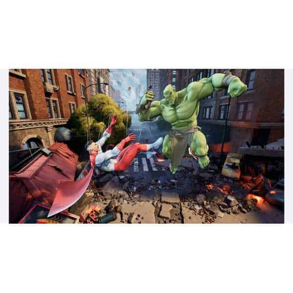 Epic showdown between Invincible and Hulk in a city street. Intense combat with destruction and chao.