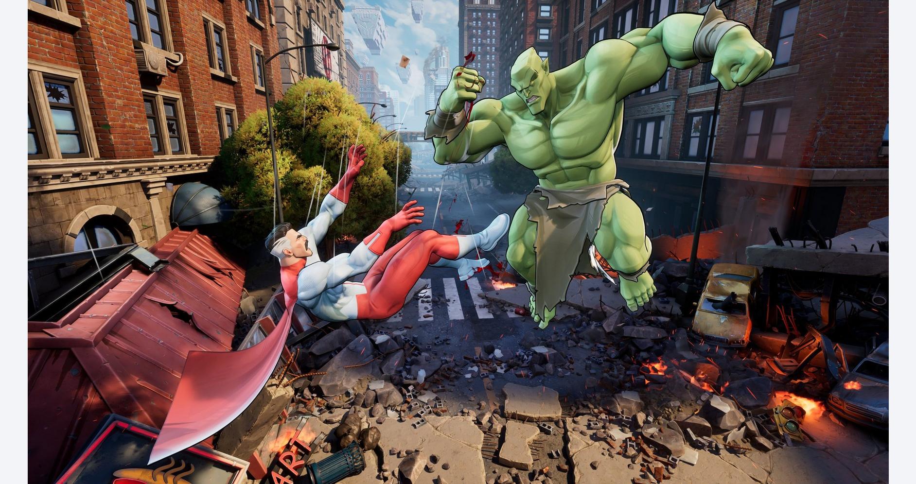 Epic showdown between Invincible and Hulk in a city street. Intense combat with destruction and chao.