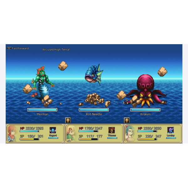 An image from the KEMCO RPG Collection showing a battle with a mermaid, a fish, and an octopus in a.