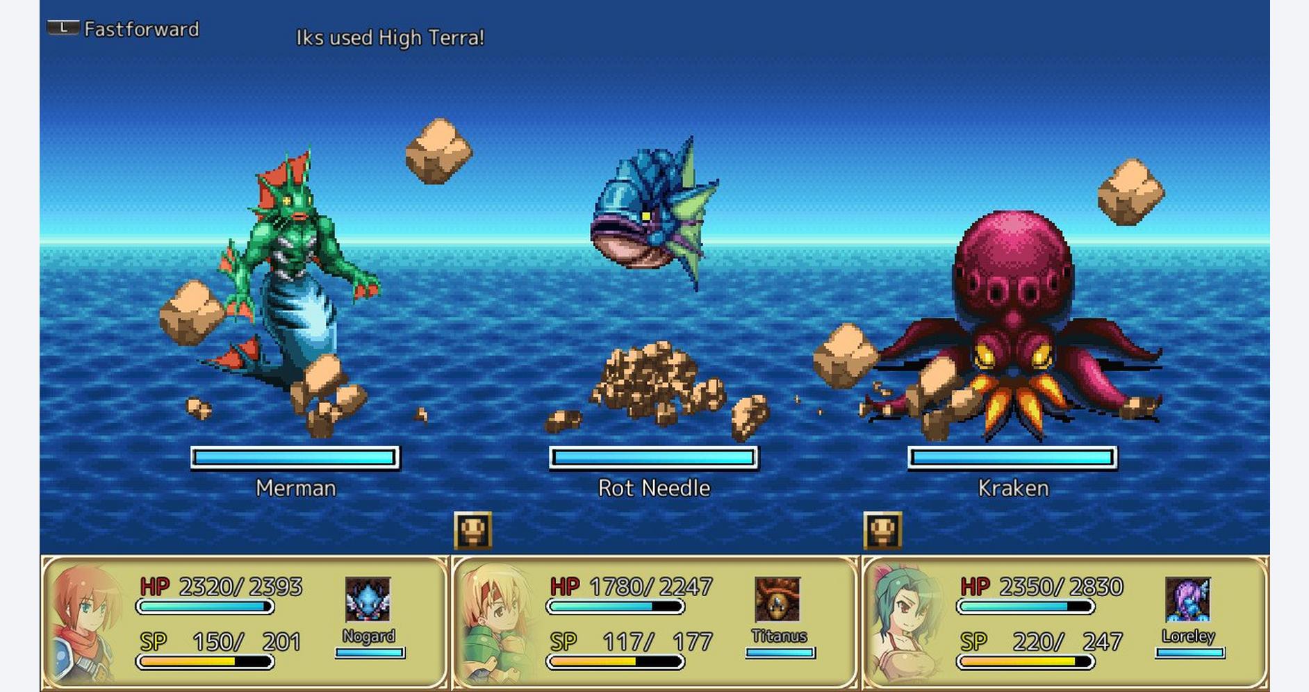 An image from the KEMCO RPG Collection showing a battle with a mermaid, a fish, and an octopus in a.