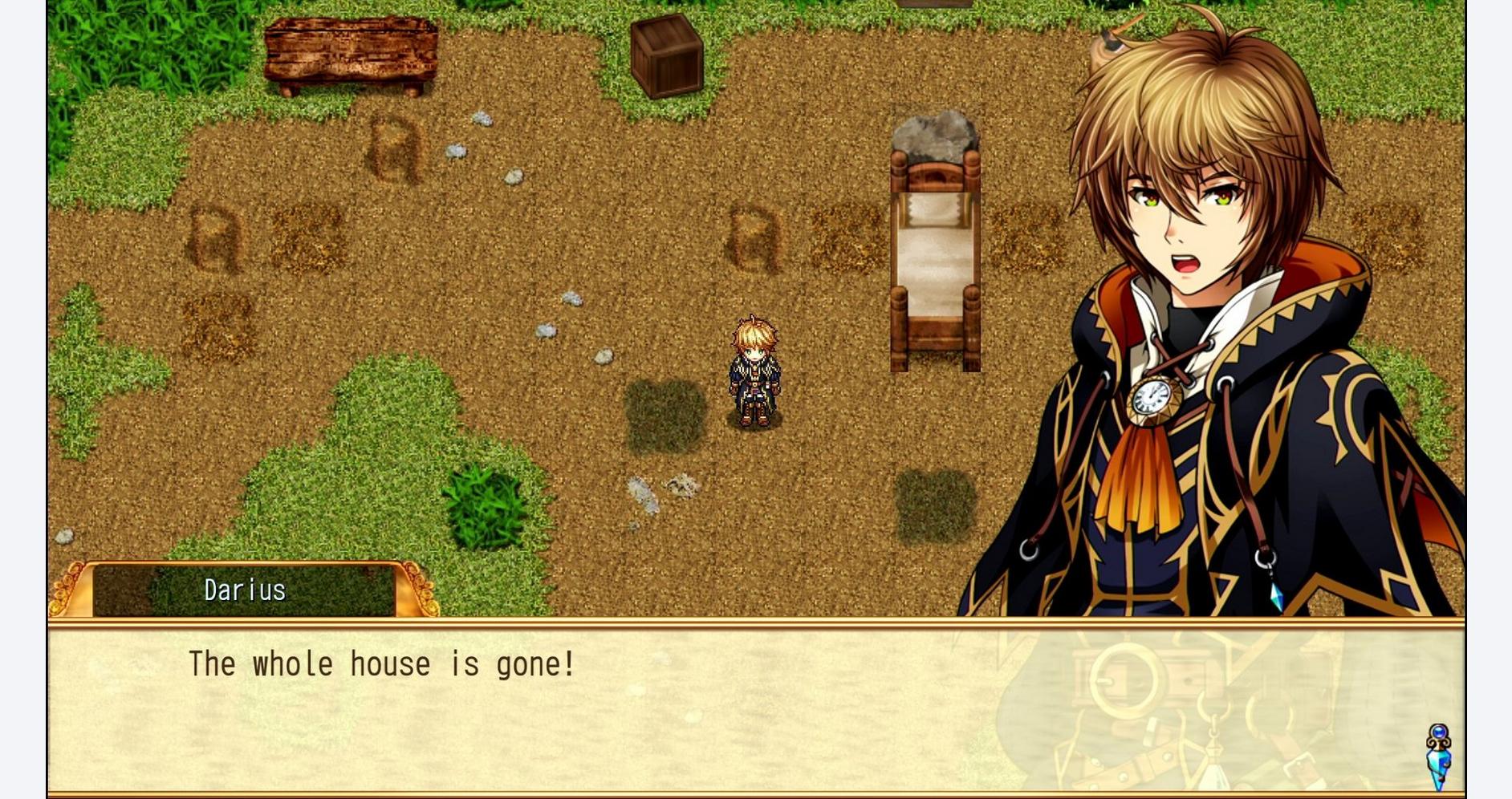 RPG game scene with character Darius in a pixel art environment.